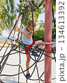 Child Climbing Rope Structure at Playground on a Sunny Day 134613392