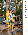 Child Enjoying Adventure Park Rope Course with Safety Gear 134613398