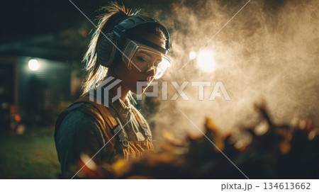 Woman with Ponytail Using Leaf Blower in Garden with Protective Gear 134613662