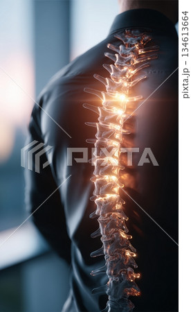 Cinematic Shot of Glowing Vertebral Chain in Discomfort Pose 134613664