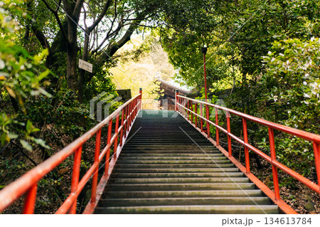 shikoku, JAPAN - may 2 2025 Iyadani Temple No. 71 Red Staircase in the Shikoku Pilgrimage 134613784