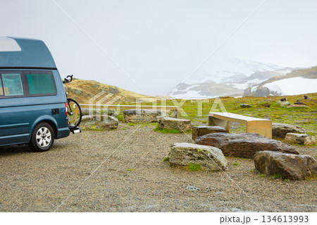 Camp site with picnic table in norwegian mountains 134613993