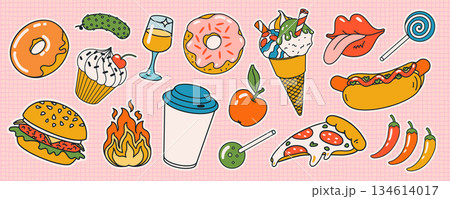 Retro street food sticker set with donuts, hot dogs, burgers, cupcakes, pizza, ice cream, wine, fruit and candy in playful cartoon style for fun vector designs and decorative packs 134614017