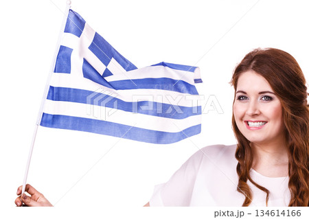 Woman with greek waving flag, on white Woman with greek waving flag, on white 134614166