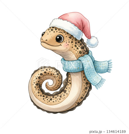 Cute watercolor spotted garden eel wearing pink Santa hat and blue scarf. Hand drawn winter holiday marine animal illustration isolated on white background. 134614189