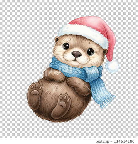 Cute watercolor sea otter wearing pink Santa hat and blue scarf. Hand drawn winter holiday marine animal illustration isolated on white background. 134614190