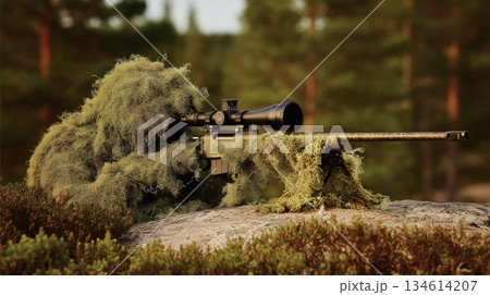 Sniper with sniper rifle with full camouflage.  134614207