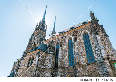 Historic Cathedral of St. Peter and Paul in Brno, Czech Republic under clear blue sky. Beautiful gothic architecture, landmark travel destination and cultural heritage site in Central Europe. 134614210