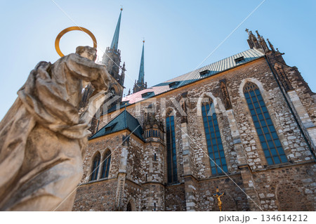 Stunning view of the Cathedral of St. Peter and Paul in Brno, Czech Republic. Iconic gothic landmark bathed in sunlight, symbol of faith and European cultural heritage. 134614212