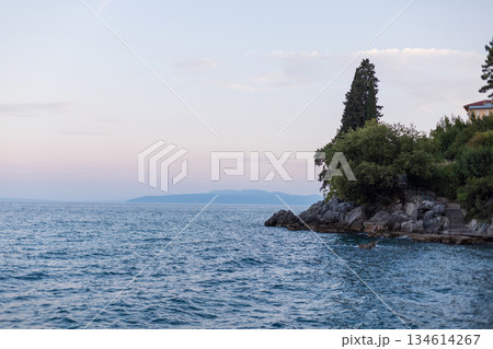 Beautiful view of the sea with waves and a cliff with trees after sunset. Holidays in Croatia by the sea. Relax day. Amazing sky at evening. Croatia, Opatija. Summer holidays 134614267