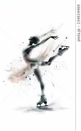 氷上に舞うフィギュアスケーター 抽象的なインクアート 躍動感あるシルエット 134614469