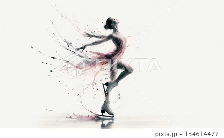 氷上に舞うフィギュアスケーター 抽象的なインクアート 躍動感あるシルエット 134614477