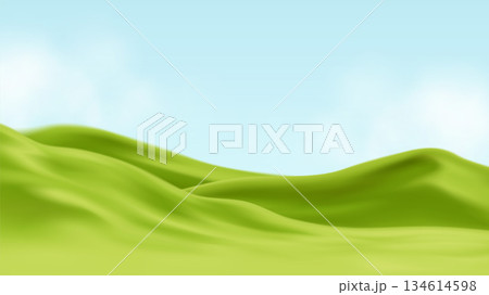 Soft green hills roll beneath a clear blue sky, creating a peaceful, open landscape Soft green hills roll beneath a clear blue sky, creating a peaceful, open landscape 134614598