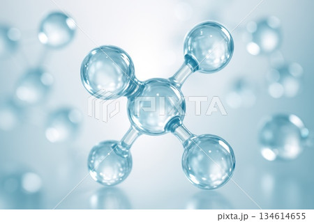 Captivating molecular structure showcasing crystal-clear spheres in a soft blue environment, illustrating the elegance of chemical compounds and their interactions in a modern science setting 134614655