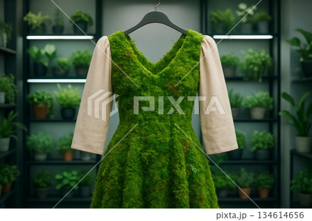 Vibrant green dress made of moss displayed in a lush plant shop, showcasing nature-inspired fashion amidst greenery 134614656