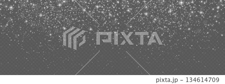 Glitter silver falling. Bright dust sparkles on transparent background. Magic bright stars and bokeh. Luxury design for advertisement or holiday poster. Shiny silver particles. Vector illustration 134614709