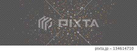 Glitter particles on transparent background. Gold and silver dust with sparkling stars. Festive powder with overlay effect. Magic stardust for poster, invitation or greeting card. Vector illustration Glitter particles on transparent background. Gold and silver dust with sparkling stars. Festive powder with overlay effect. Magic stardust for poster, invitation or greeting card. Vector illustration 134614710