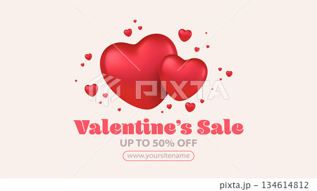 Romantic valentine balloon arrangement with glossy pink hearts. 3D love day decoration featuring floating heart shapes. Sweet festive design for February 14 celebration 134614812