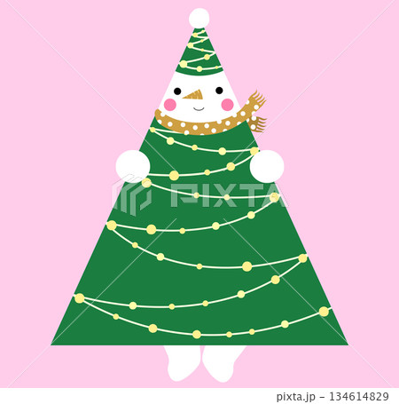 Funny snowman dressed as a Christmas tree, cute holiday geometric design for greeting cards and invitations Funny snowman dressed as a Christmas tree, cute holiday geometric design for greeting cards and invitations 134614829