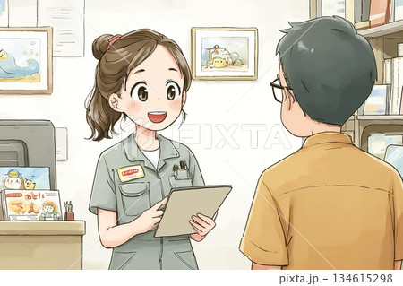 金融機関で投資商品を説明する女性スタッフ｜タブレットを使った資産運用の相談イラスト 134615298