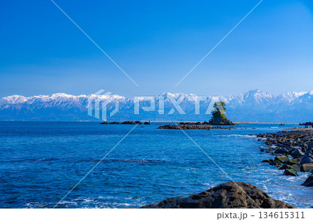【冬の風物詩】よく晴れた冬の雨晴海岸と冠雪した後立山連峰【富山県】 134615311