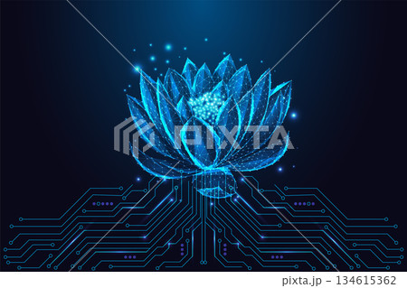 Digital low-poly lotus flower above circuit board symbolizing tech wellness and innovation, vector 134615362