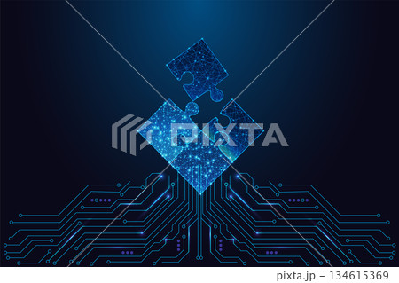 Low-poly digital puzzle pieces above circuit board showing tech solutions and synergy, vector 134615369