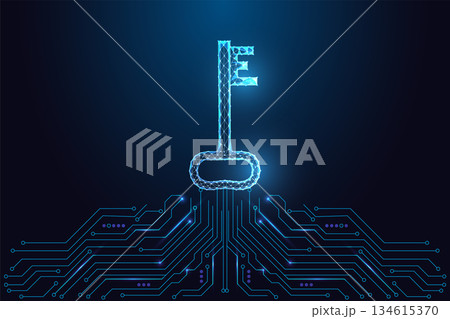 Low-poly digital key above circuit board symbolizing access, security and encryption, vector 134615370