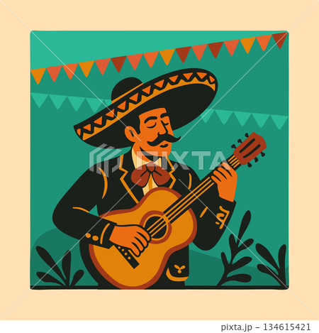 Mariachi mexican guitarist. Bright vector illustration 134615421