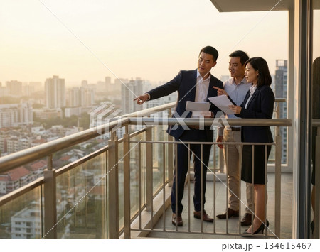 Two Asian realtors and one Asian client stand on a balcony overlooking a city. They hold papers and point to various areas of the skyline. The sun is setting in the background. 134615467