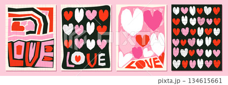 Set of modern vector love greeting cards with cut out collage style hearts geometric shapes for Valentine's Day designs, social media, banners and posters Set of modern vector love greeting cards with cut out collage style hearts geometric shapes for Valentine's Day designs, social media, banners and posters 134615661