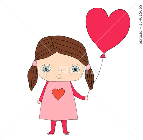 Cute little girl in dress holding a red heart shaped balloon Cute little girl in dress holding a red heart shaped balloon 134615665
