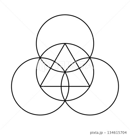 Symbol of the Trinity, formed by overlapping circles with a triangle. Circle with an equilateral triangle, and three same sized circles arranged on the circle, meeting at the center. Isolated. Vector Symbol of the Trinity, formed by overlapping circles with a triangle. Circle with an equilateral triangle, and three same sized circles arranged on the circle, meeting at the center. Isolated. Vector 134615704