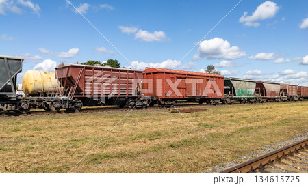 Freight cars on tracks against a cloudy sky, railway infrastructure, transport, and industry. Long trains 134615725