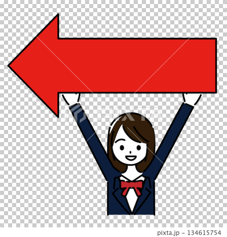 A female student in a uniform holding a red arrow pointing left A female student in a uniform holding a red arrow pointing left 134615754