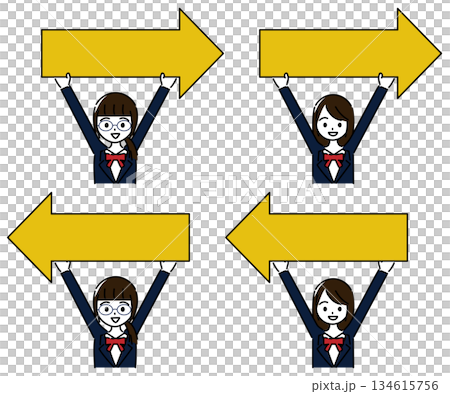 Set of smiling female students holding yellow left and right arrows 134615756