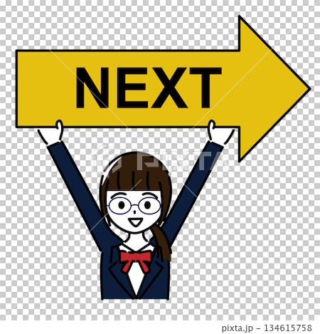 A smiling female student holding a right-pointing arrow with the word NEXT written on it 134615758