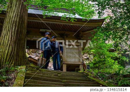 シニア夫婦が石段を登る 134615814