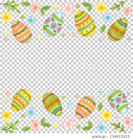 An Easter frame of colorful eggs, flowers, and twigs. Hand-drawn watercolor illustration, cartoon style. Design suitable for cards, invitations, prints on paper or textiles. Holiday, food, treats 134615815