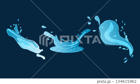 Dynamic liquid water splash with falling droplet, crashing sea wave and swirling eddies. For advertising web design or marketing visuals. Vector illustration. 134615962