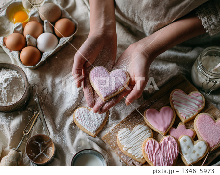 ハート型クッキーに粉砂糖をふるう手元（バレンタイン手作り） 134615973