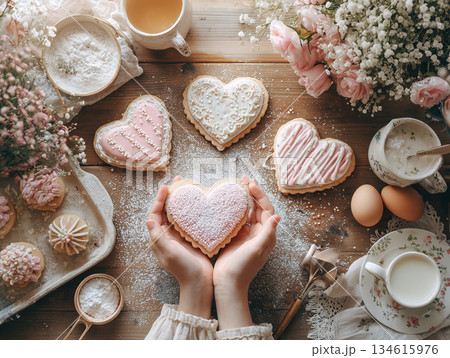 ハート型クッキーに粉砂糖をふるう手元（バレンタイン手作り） 134615976