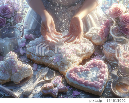 ハート型クッキーに粉砂糖をふるう手元（バレンタイン手作り） 134615992