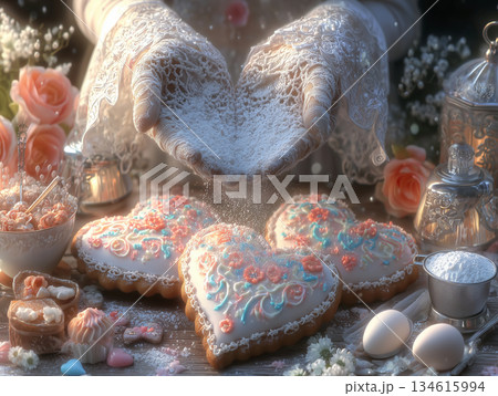 ハート型クッキーに粉砂糖をふるう手元（バレンタイン手作り） 134615994