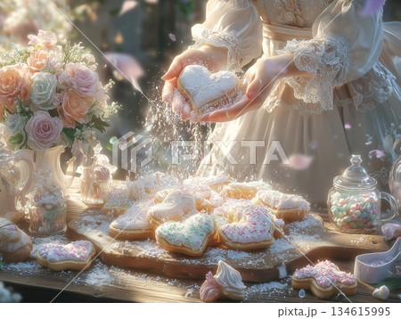 ハート型クッキーに粉砂糖をふるう手元（バレンタイン手作り） 134615995