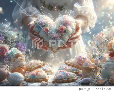 ハート型クッキーに粉砂糖をふるう手元（バレンタイン手作り） 134615996