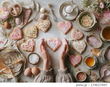 ハート型クッキーに粉砂糖をふるう手元（バレンタイン手作り） 134615997