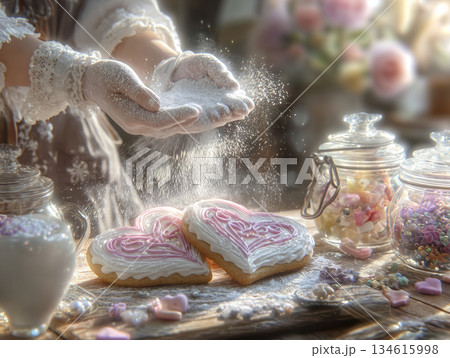 ハート型クッキーに粉砂糖をふるう手元（バレンタイン手作り） 134615998