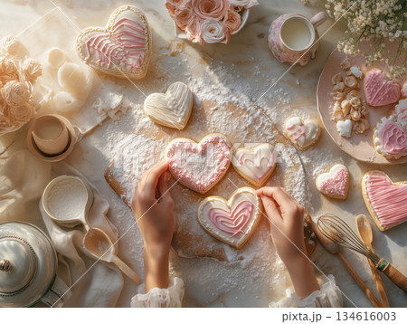 ハート型クッキーに粉砂糖をふるう手元（バレンタイン手作り） 134616003