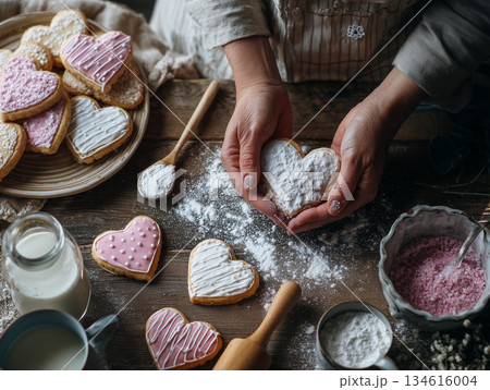 ハート型クッキーに粉砂糖をふるう手元（バレンタイン手作り） 134616004